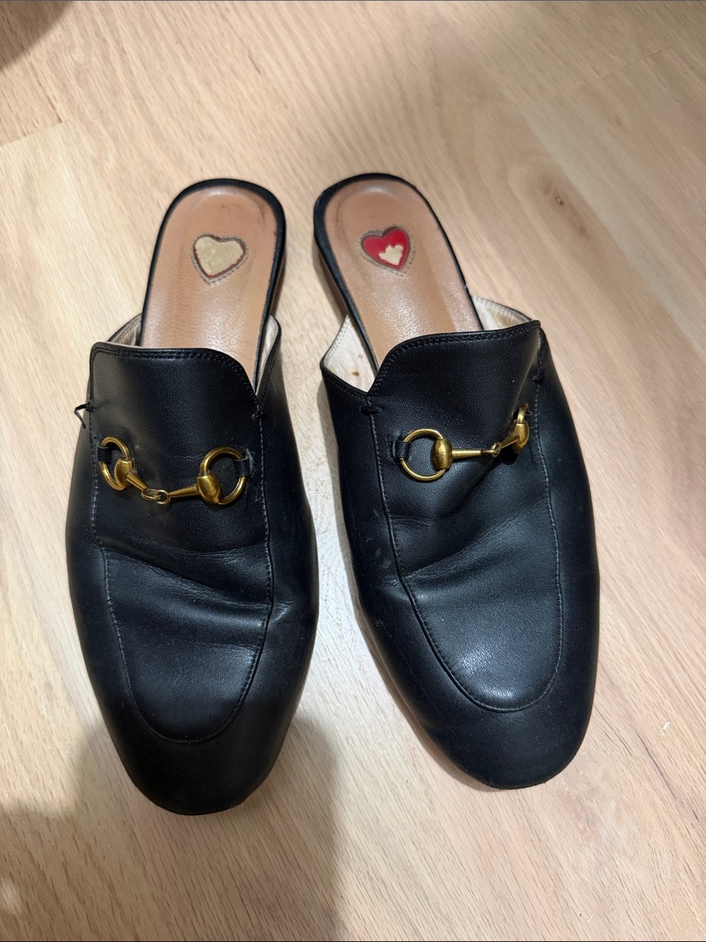 Black Leather Slip-On Mules with Gold Bit Accent - Women's